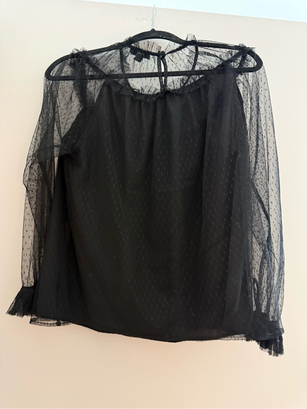 J. Crew Sheer Black Dotted Mesh Long-Sleeve Blouse